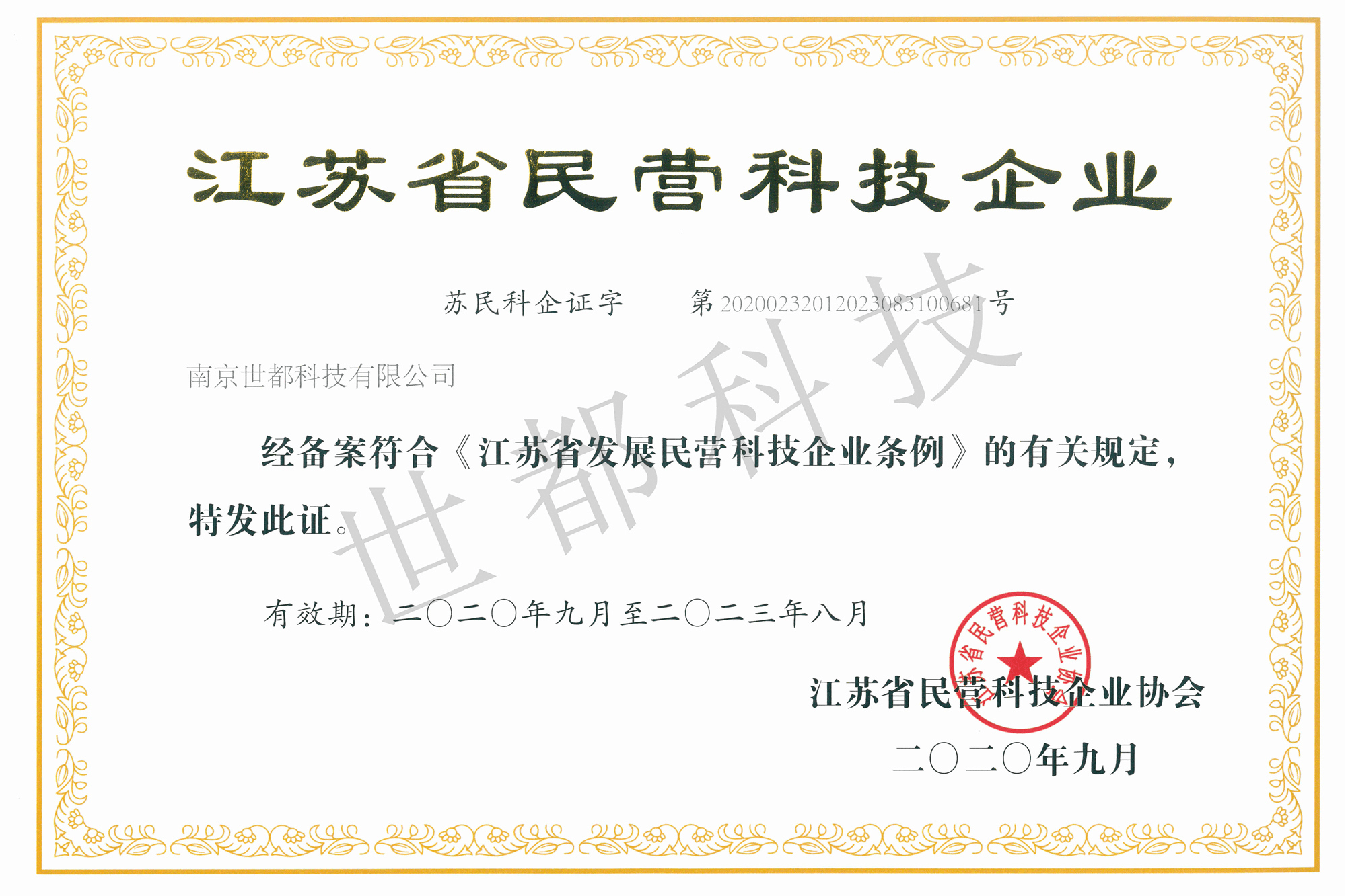 江苏省民营科技企业证书