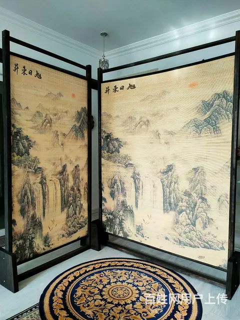 转让实木中式屏风隔断 竹帘双面山水画 大气美观 - 图片