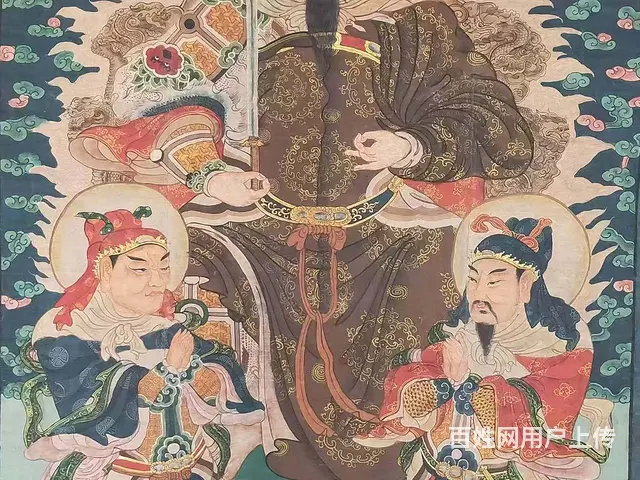 清代，民间画家画的，大尺寸老粗布纯手绘五彩描金画， - 图片 3