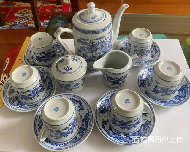 7、8十年代景德镇全套青花瓷双龙戏珠咖啡（茶）杯具 - 图片 1