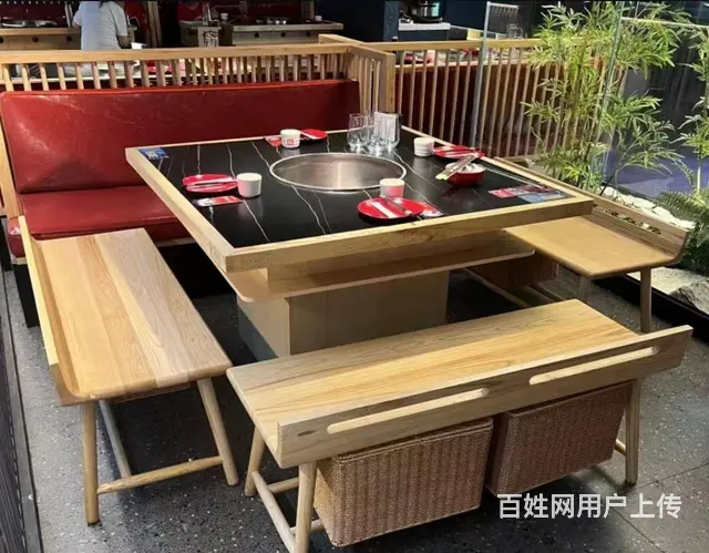 火锅店家具卡座桌椅岩板火锅桌实木火锅桌防火板卡座 - 图片 3