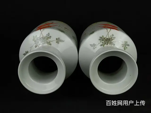 清代晚期【秋色清华】任焕章 浅绛彩花鸟瓷瓶一对，惜 - 图片 4