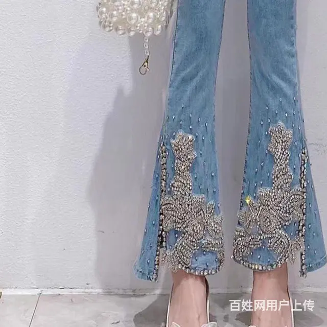 大品牌剪标签镶钻秀珠钉宝石时尚牛仔裤 - 图片 8