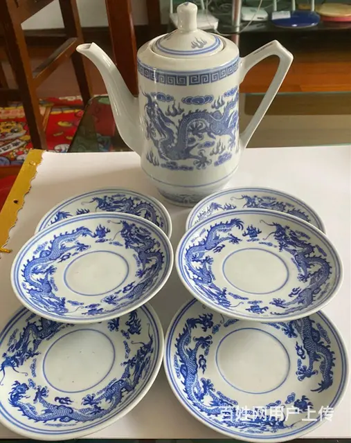 7、8十年代景德镇全套青花瓷双龙戏珠咖啡（茶）杯具 - 图片 2